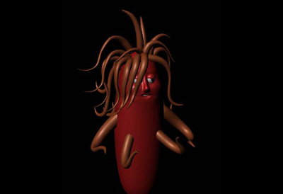 Baroque was a maya 3d rendering of a bacterium with 80's style big hair.