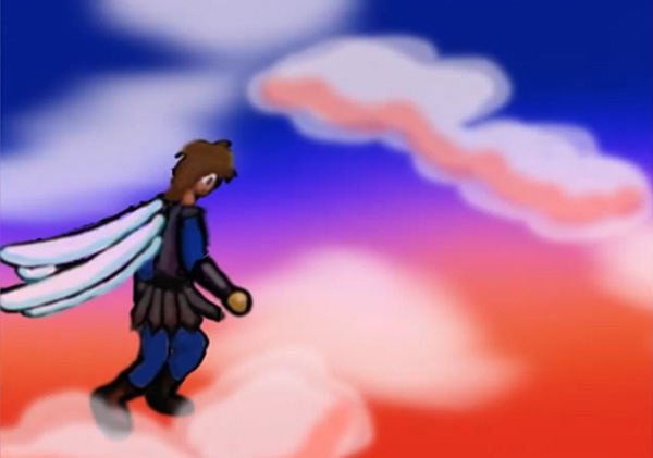 Day dreamin animation project still showing the hero flying through a sunset sky above the clouds.