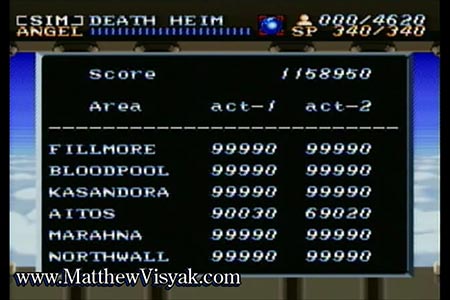 My stats on the action stages before taking on the final Death Heim battles at the end of actraiser.  It shows that most of the stages are maxed out with the exception of Aitos netting me an overall score of 1,158,950.