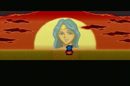 This is a screen shot of the good ending for breath of fire.  The hero is wlaking towards his town and has an image of his deceased sister in the sunset behind him.