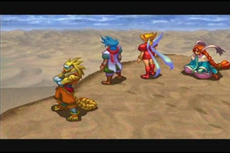 This is a screen shot from the epilogue of the good ending of breath of fire 3.  In this scene the hero has defeated the goddess and is walking through the limitless desert to brave a new frontier with his comrades.