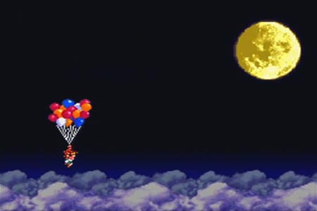 Marle and Crono fly off into the heavens on a bundle of balloons on the beyond time ending.
