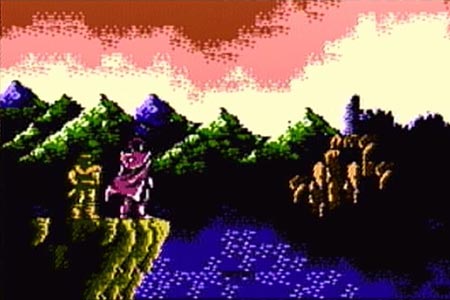 This is the scene at the end of castlevania 3 show right before the epilogue and credit scroll.  Alucard, with his cape blowing in the wind, and Trevor Belmont stand on a cliff overlooking a crumbling castelvania castle in the distance.