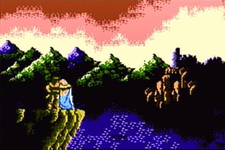 Trevor embraces a hoodless Sypha on a cliff at the end of Castelvania 3 Dracula's Curse right before the epilogue and credit roll.  You can see a crumbling castlevania in the distance.
