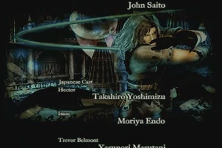 The ending screenshot of Castlevania Curse of Darkness.  Some character art is show on the screen while credits roll.