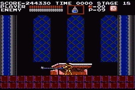 This is  a screenshot grabbed at the end of my no death long play of Castlevania.  It shows my charatcer in the middle of dracula room in front of the coffin after having grabbed the post battle orb and letting the game tally my score from the remaining hearts and game clock.  I have nine players in reserve at this point and a score of 244,330.