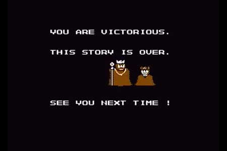 This shows the final ending screen of deadly towers after my no death long play.  It shows your guy as the newly crowned prince atnding beside the king with 'See you next time' on the screen.