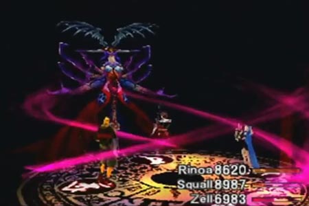 A still of the final battle with the fourth form of Ultimecia at the end of Final Fantasy 8.  In this image she is in the middle of casting Hell's Gate on my party.