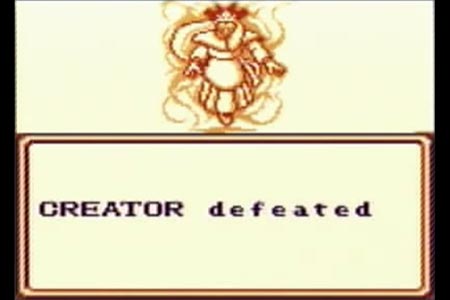 This shows the outcome of the battle at the top of the tower with the creator in final fantasy legend for gameboy.  It shows the creator before he splits in half with the message 'CREATOR Defeated' after the final death blow is delivered.
