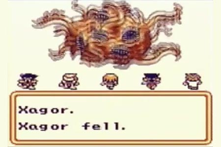 At the end of Final fantasy legend 3 you have to battle Xagor.  In this screen shot Xagor is being to dissolve and the command window says 'Xagor Fell.'