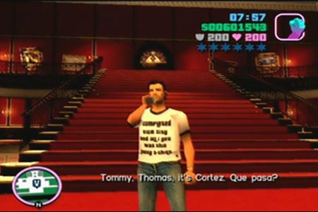 Tommy vercetti shown in his mansion during the post game.  He is wearing the winners uniform which is obtained by getting 100% completion on the game. I believe it says, 'I completed vice city and all I got is this lousy tee shirt'