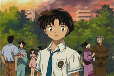 Screenshot of the Michiru ending  of Inuyasha secret of the cursed mask.  Michiru is standing back in the modern time looking for inuyasha.