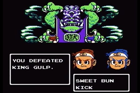 King Gulp is shown with the two ninja brothers in the foreground in the final battle of little ninja brothers.  The final Kick was delivered winning the final battle and the screen is stopped displaying the message, "You Defeated King Gulp".