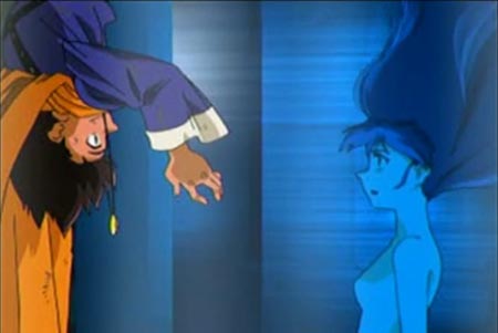 Hiro, hanging upside down, greets Lucia who is asleep in her blue crystal.