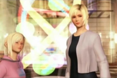 Aya Brea and Eve are standing in front of a holographic double helix model at the museum at the end of the game.  They are turning around because they heard Kyle in the distance.