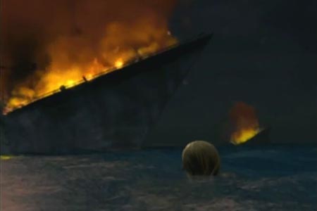 Aya Brea is bobbing in the bay after jumping over the side of the air craft carrier that she destroyed to kill off the ultimate being.  She is show watching the hull of the ship sinking into the depth of the bay with flames still consuming it.