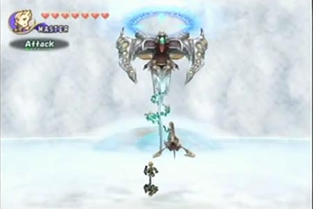 The final boss assending to the top of miasma.  You get a sense of scale from my tiny character in the forground rushing into do battle.