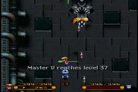 The Hero has delt the final blow to Carltron's robot, the final boss of secret of evermore. On the screen, 'Master V reaches level 37' can be seen as the boss begins to explode.