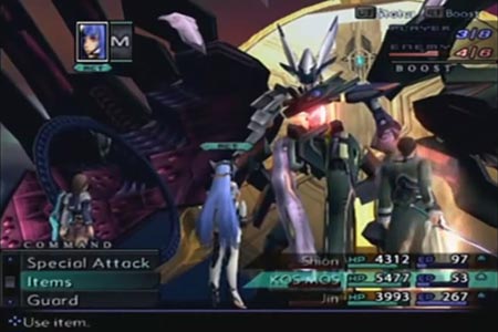 My party, consisting of Shion, Jin, and Cosmos, are engaging Zarathustra during the final battle of xenosaga 3.