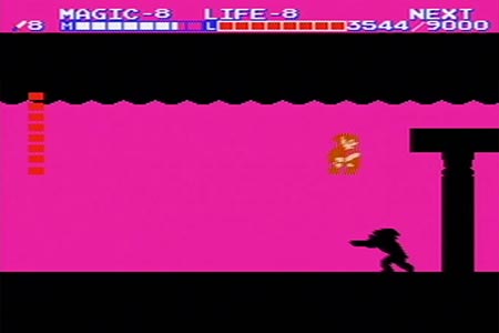 This is the beginning of the final battle with link's shadow at the end of zelda 2.  You can see the fushia background with the shadowed forground.
