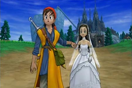 Dragon Quest 8 journey of the cursed king ending screenshot where the hero is running away with Medea at the wedding ceremony.